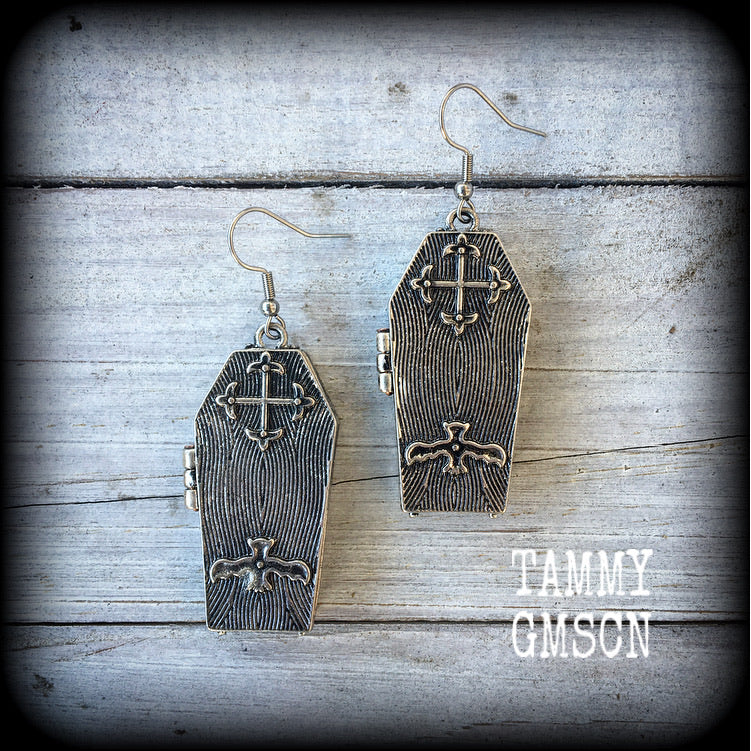 Antique silver coffin earrings-Halloween earrings