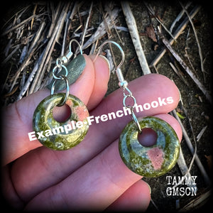 Unakite earrings Gemstone earrings Gemstone ear weights Unakite jewelry Hagstones Hag stone earrings Witches stones Adder stones Ear gauges Body jewelry Tunnels Plugs Stretched