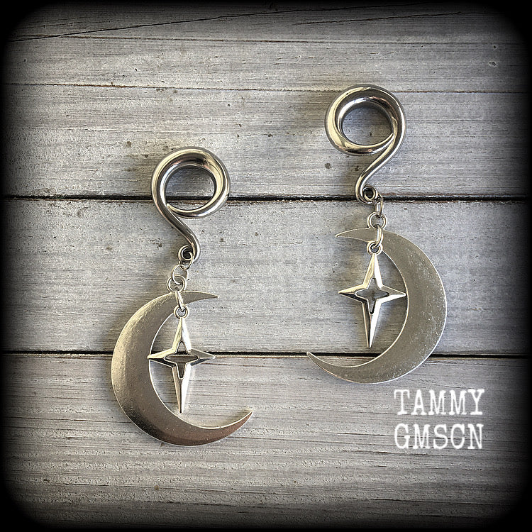 Crescent moon and star gauged earrings-MCM inspired