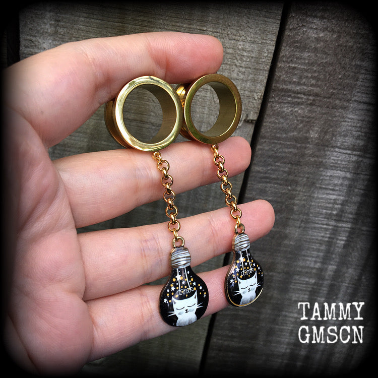 Quirky cat tunnel earrings-Tunnel dangles