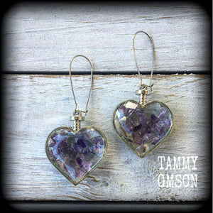 Amethyst earrings Amethyst jewelry Amethyst jewellery Unique earrings Unique ear jewelry Heart earrings Gemstone earrings Gemstone heart earrings Ear gauges True love Valentine Valentines day Valentines gifts Heart jewelry Crystal earrings Whimsygoth