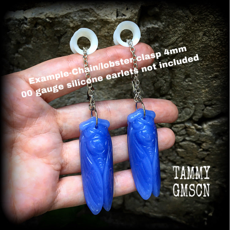 Blue jade cicada earrings-Gemstone insect ear hangers