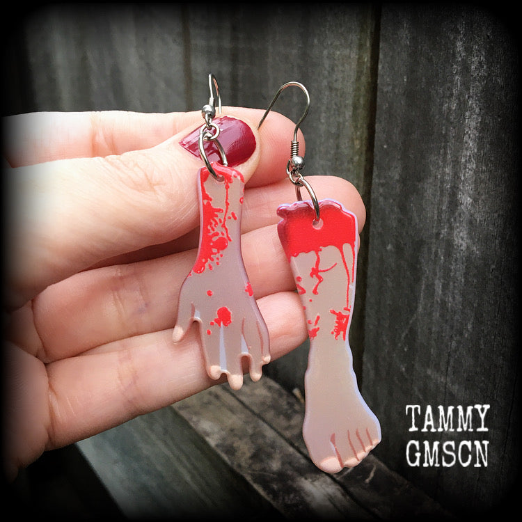 Zombie earrings Halloween earrings Zombie movie earrings Body parts Horror movie earrings Undead Vampire B movies Scream queen Body jewelry Hands Feet Body parts Flesh eating Cannibal movies Zombies Ghosts Supernatural Pierced ears Stretched lobes 