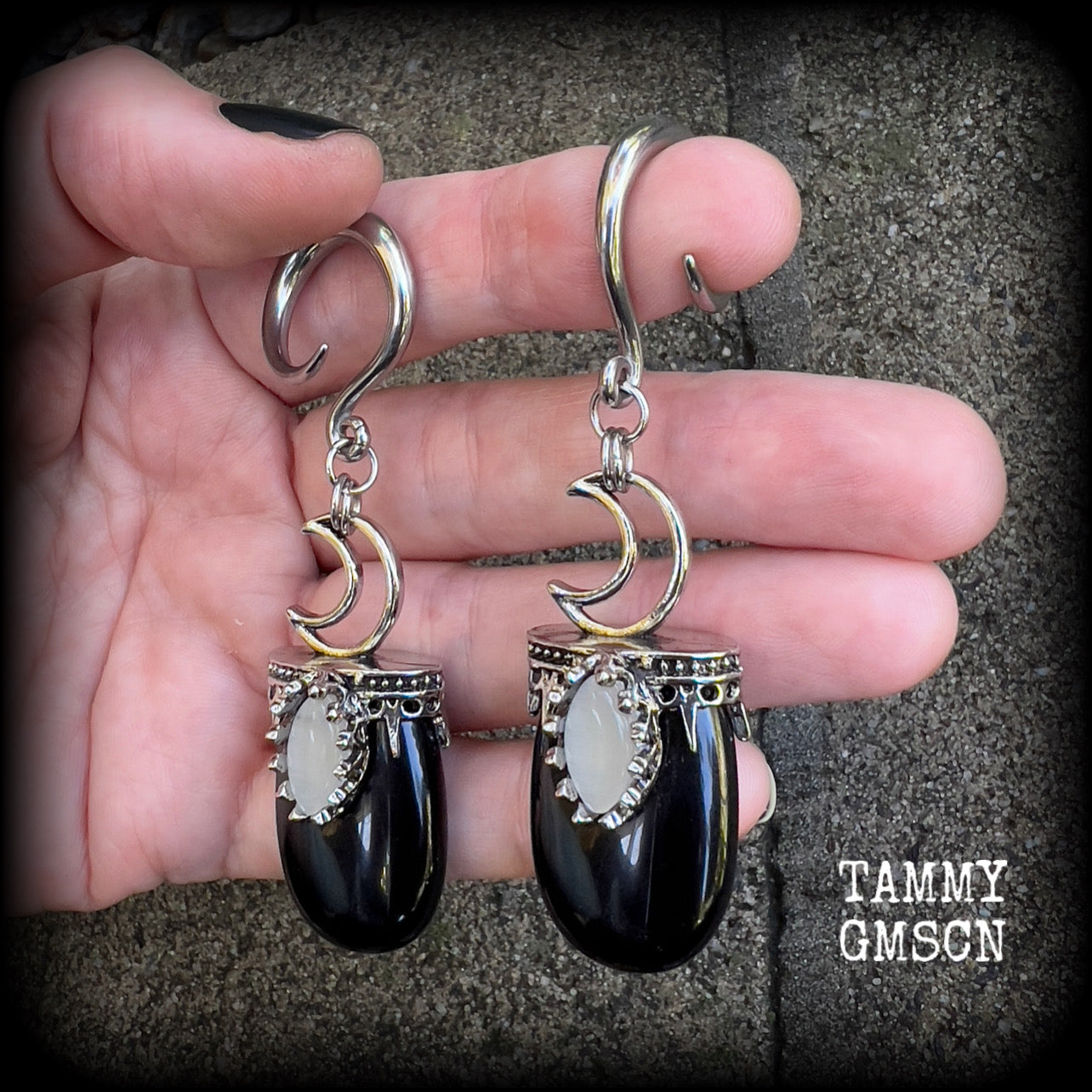 Black obsidian and crescent moon gauged earrings