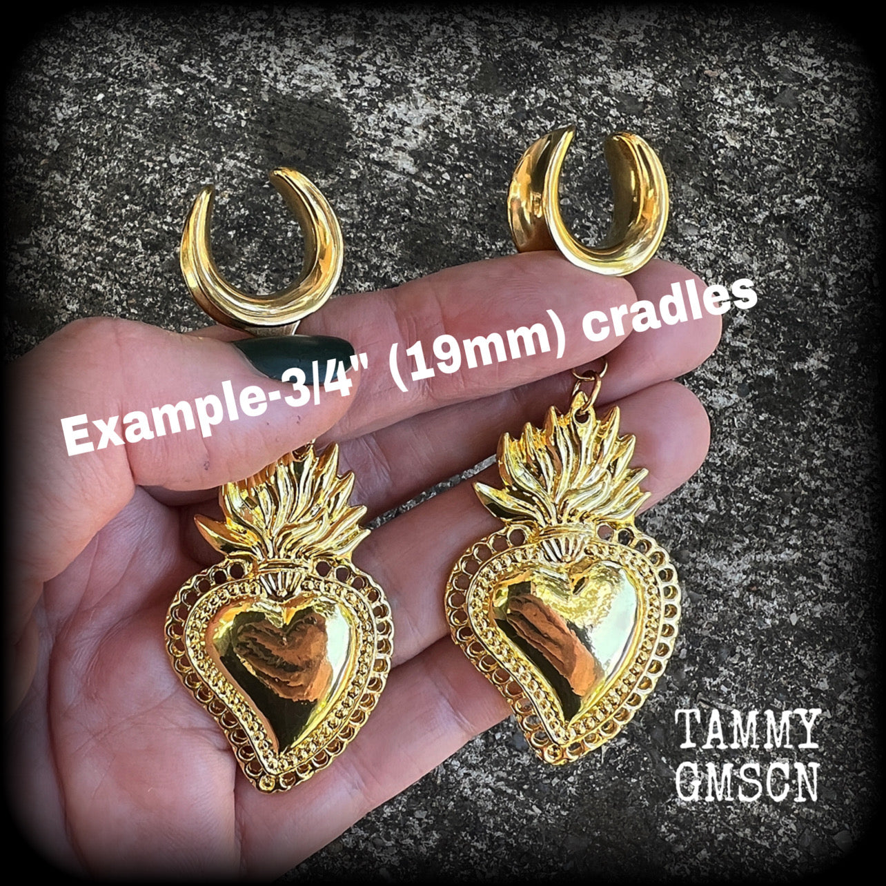 Antique gold sacred heart flaming heart ear hangers for stretched lobes, available on a range of hooks from 4mm up to 30mm.