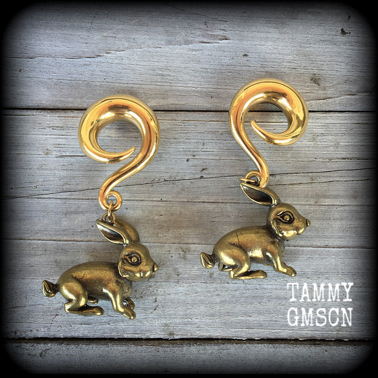 Rabbit gauged earrings-Brass ear weights