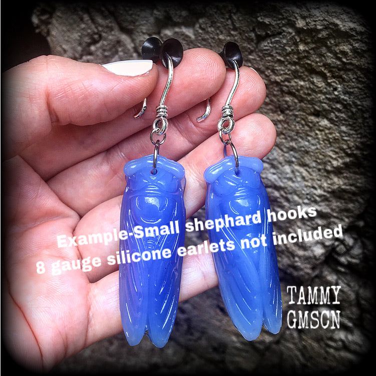 Blue jade cicada earrings-Gemstone insect ear hangers