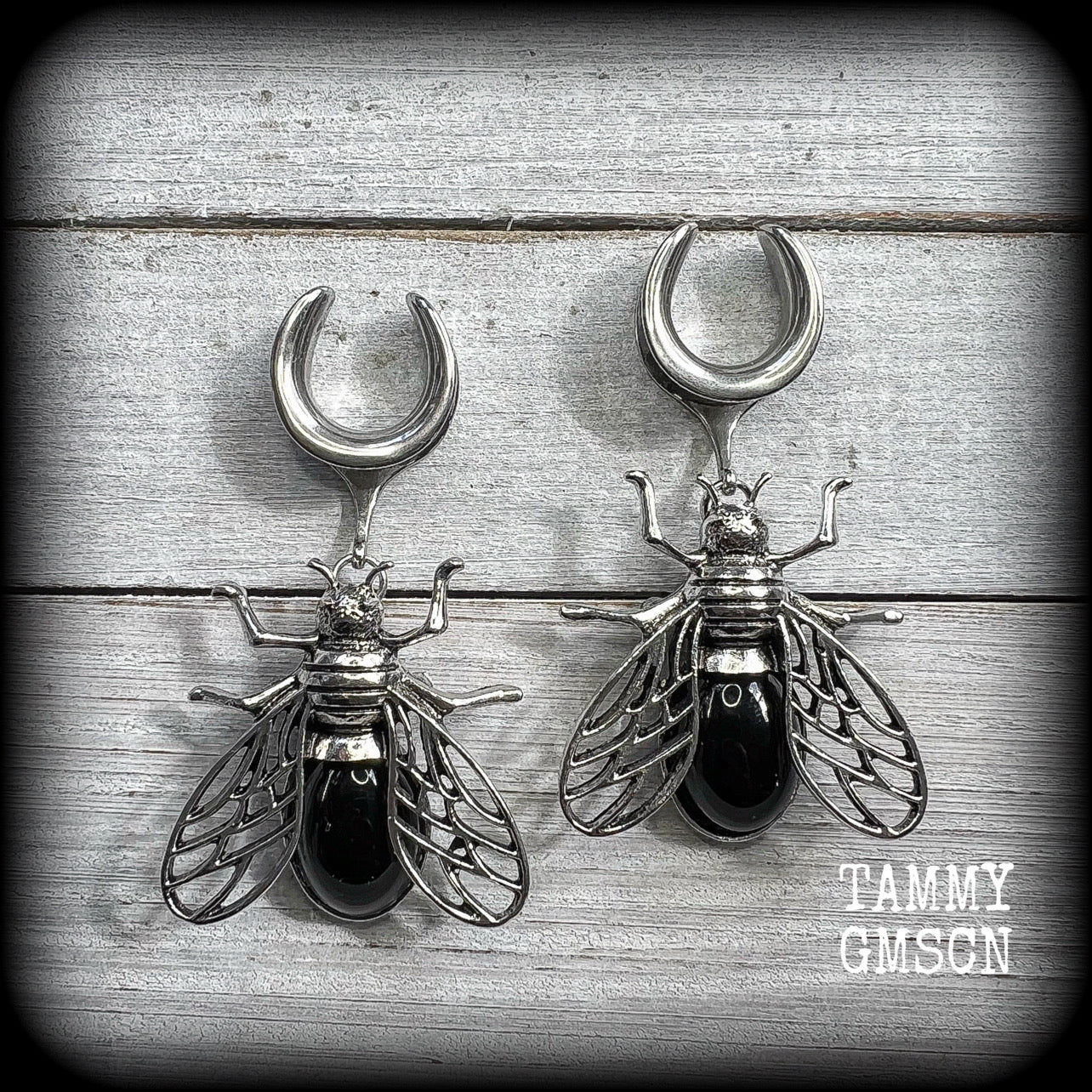 Black obsidian and antique silver insect gauged earrings