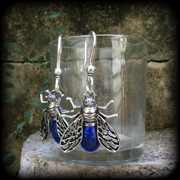 Lapis Lazuli insect earrings-Gemstone ear hangers