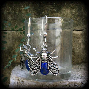 Lapis Lazuli insect earrings-Gemstone ear hangers