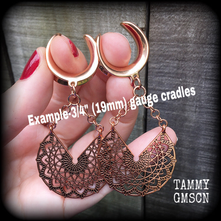 Rose gold tone mandala gauged earrings-Geometric ear weights