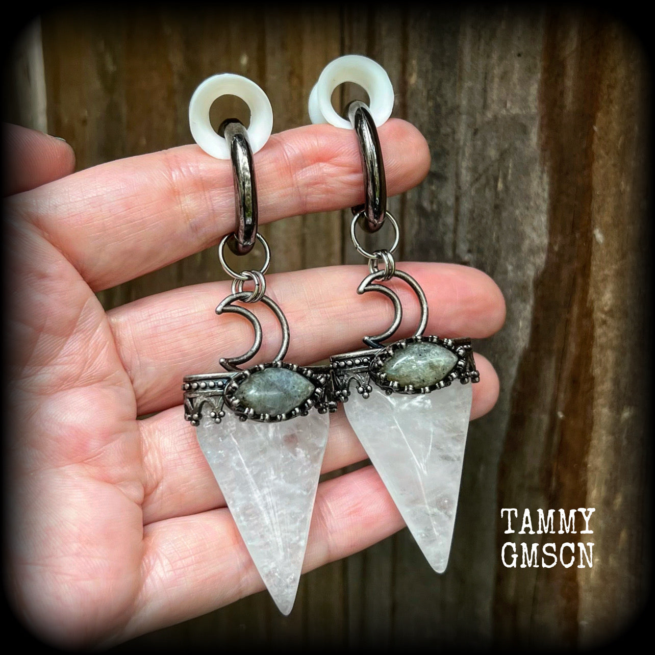 Clear quartz and Labradorite earrings-Ear weights-Ear hangers