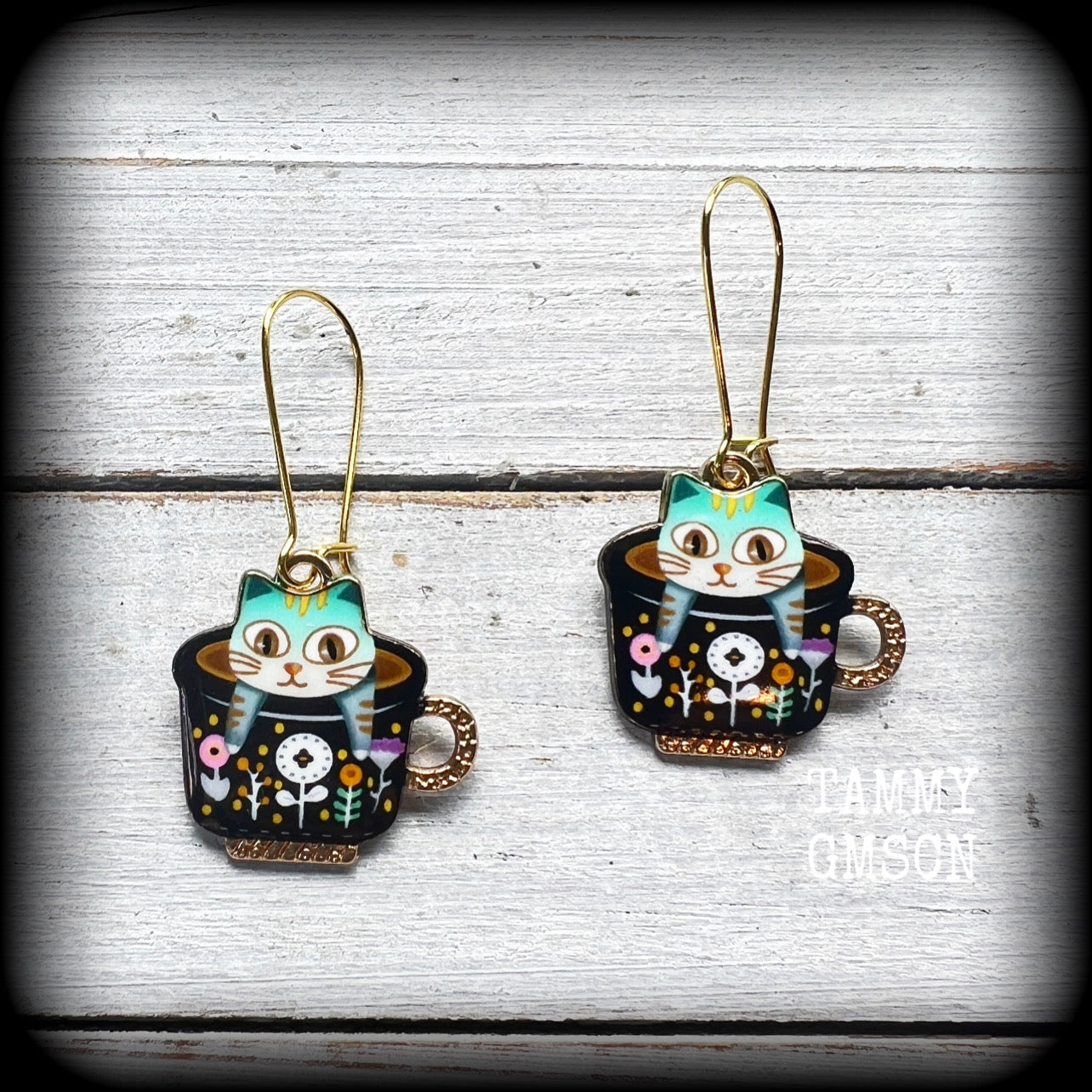 Cat earrings Folk art earrings Teapot earrings Teacup earrings Cat jewelry Crazy cat lady earrings Pierced ears Tunnel dangles Plugs Ear gauges