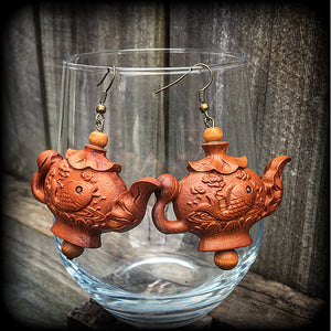 Teapot earrings-Carved wood earrings