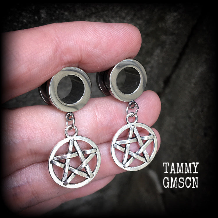 Pentagram tunnel earrings Pentagram tunnel dangles 00 gauge tunnel earrings Ear gauges Body jewelry 2g 0g 00g 1/2” 9/16” 5/8” 3/4" 7/8” 1” 1.10” Stretched ears Stretched lobes Witches jewellery Occult jewelry Pagan Druid Wiccan Satanic jewelry