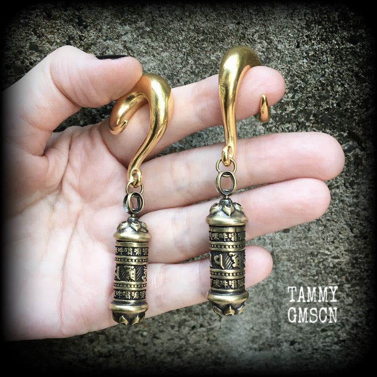 Stash pot earrings Pet ashes earrings Stash pot ear weights Tibetan prayer box jewelry Pet ashes urn jewelry Brass ear weights Sanskrit jewelry
