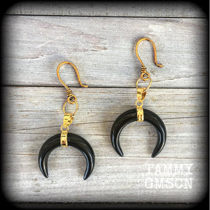 Black obsidian double horn earrings-Ear hangers