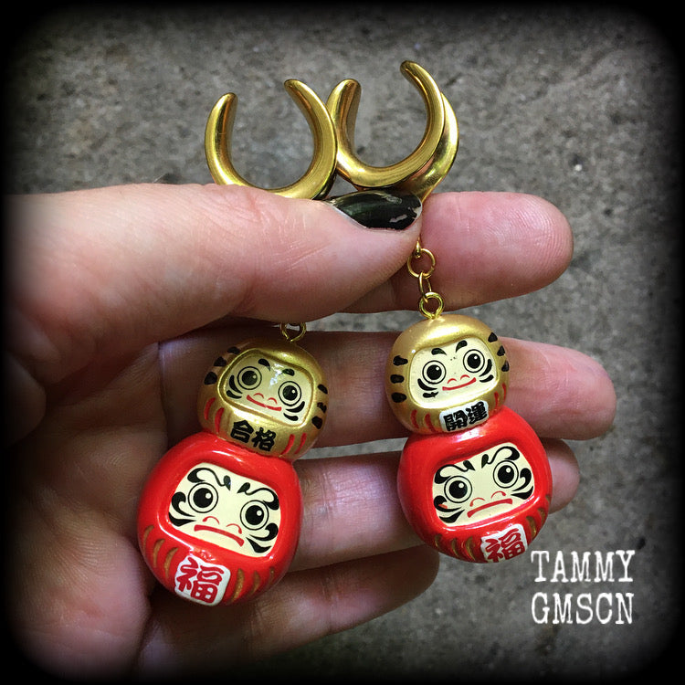 Red daruma earrings Gold daruma earrings Darumas Japanese dolls Japanese earrings Daruma ear hangers Daruma ear weights Unique ear weights Stretched ears Stretched lobes Gauges Gauged earrings 4mm 6mm 8mm 10mm 12mm 14mm 16mm 19mm 22mm 25mm 28mm 30mm 