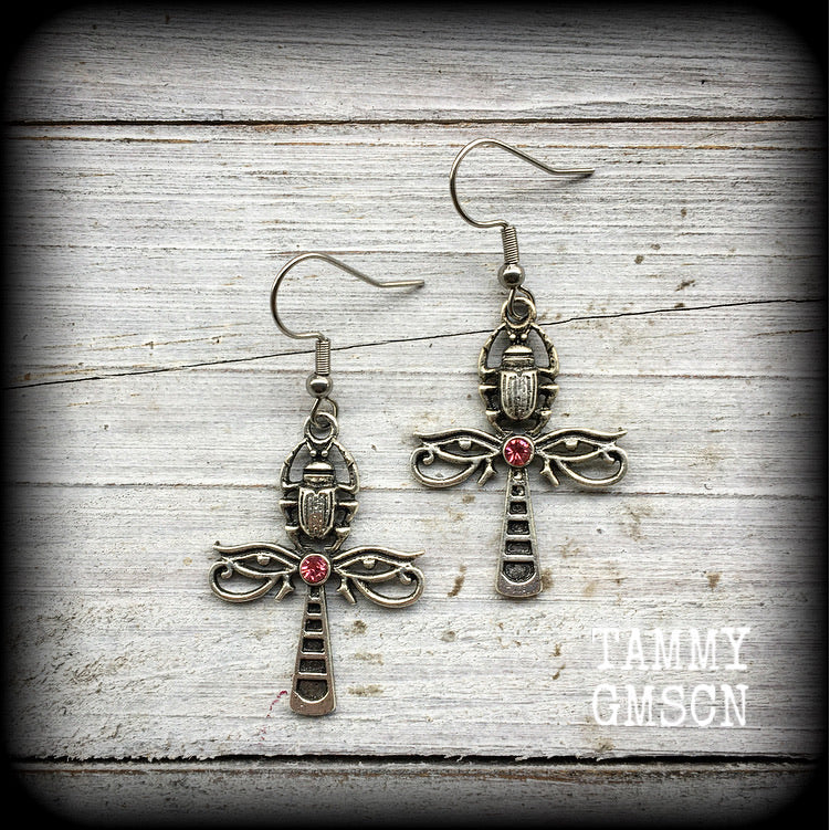 Eye of Horus ankh earrings-Scarab beetle ankh earrings