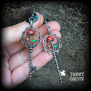 Enamel mushrooms-Antique key earrings