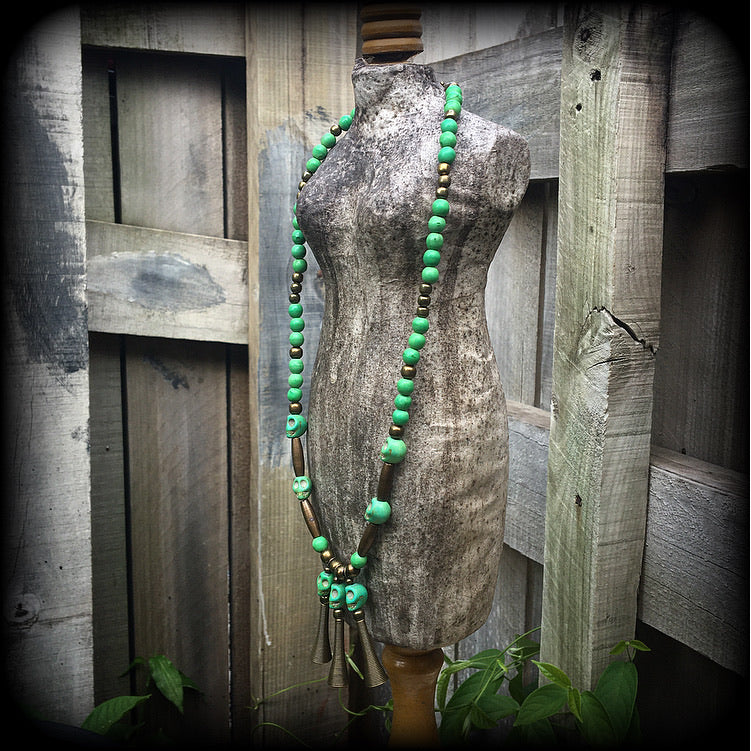 Stone skull and antique bronze necklace-Halloween necklace