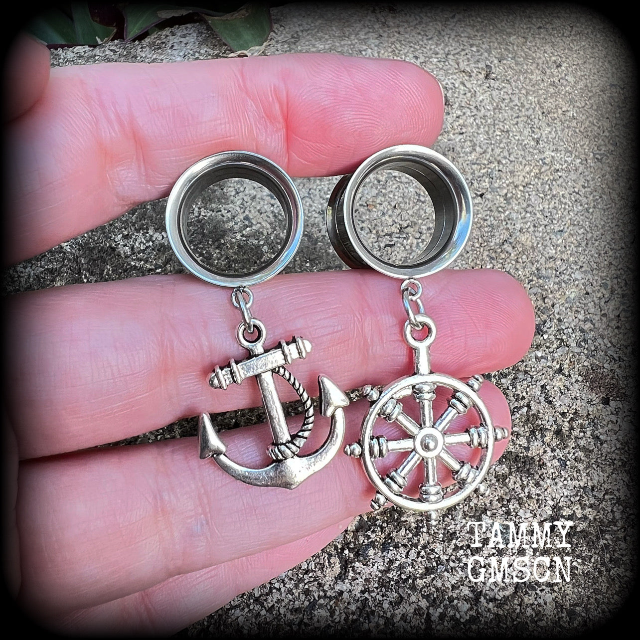 Anchor and Ships wheel tunnel earrings