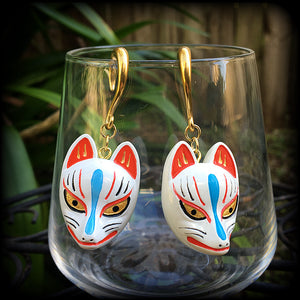 White kitsune gauged earrings-Wood earrings