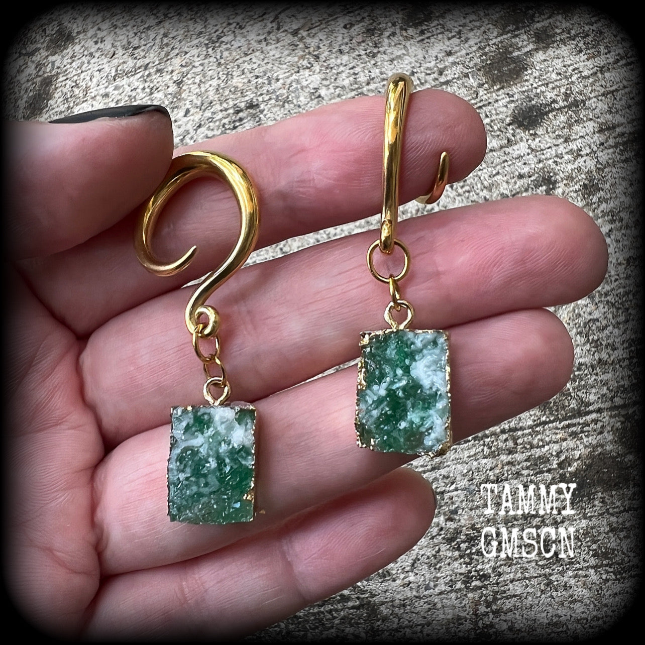 Deep green druzy gauged earrings