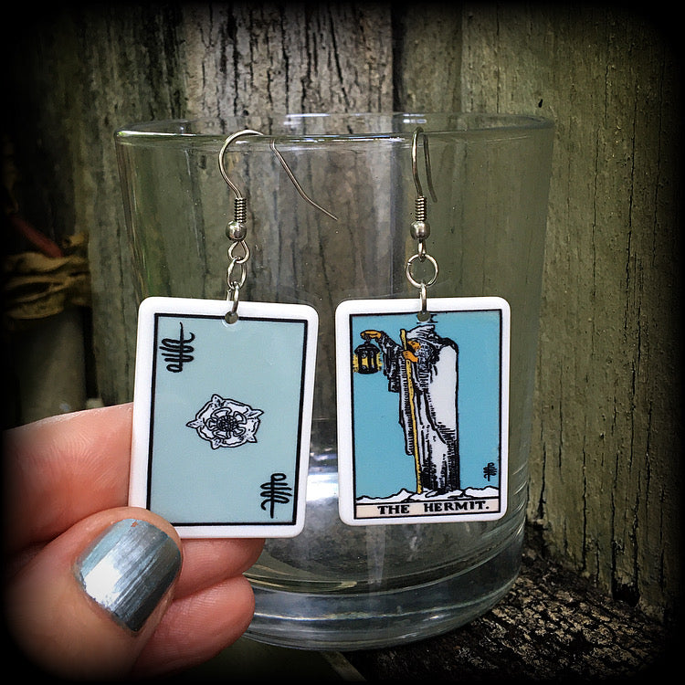The Hermit Tarot card earrings Tarot cards Chiromancy Palmistry Tarot jewellery Occult jewellery Esoteric jewelry Pierced ears Stretched lobes
