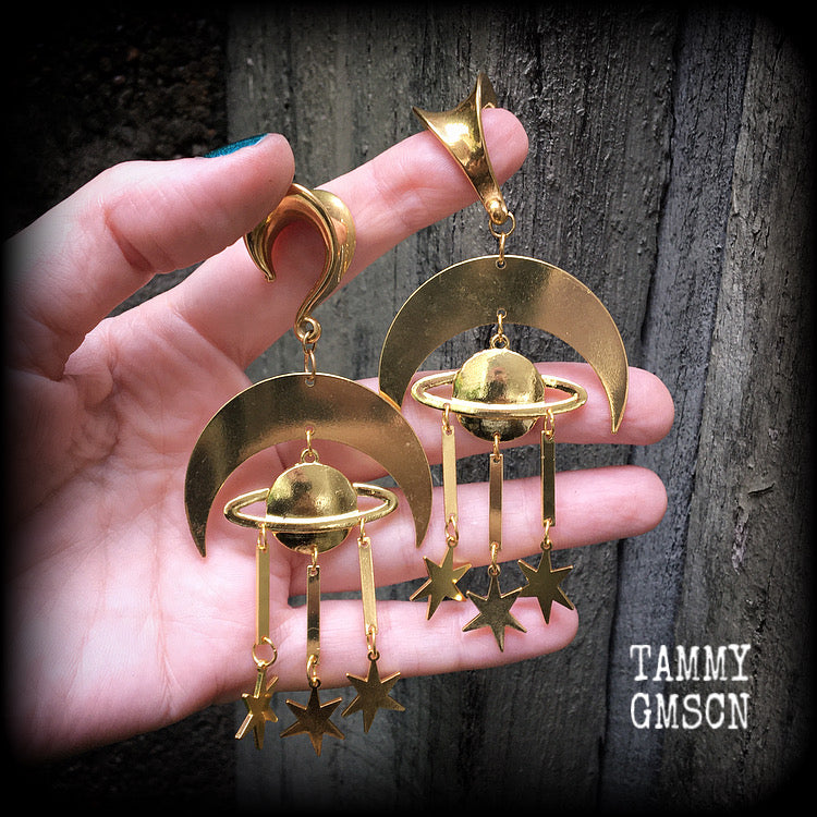 Crescent moon and celestial bodies gauged earrings
