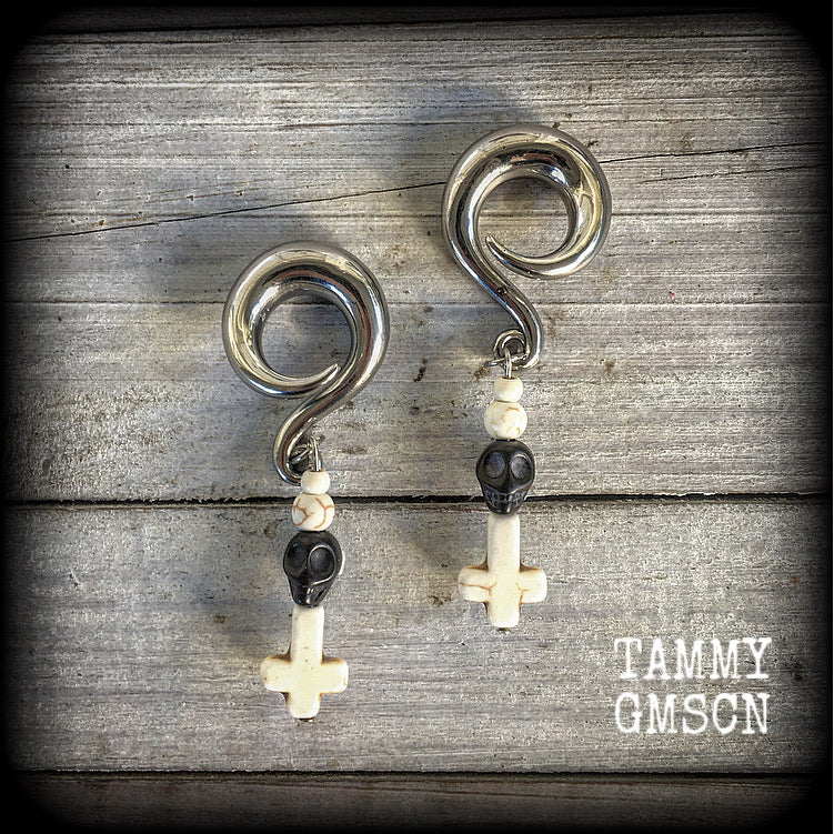 Baron Samedi skull gauged earrings-Voodoo ear hangers