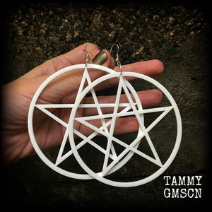White goth oversized pentagram earrings