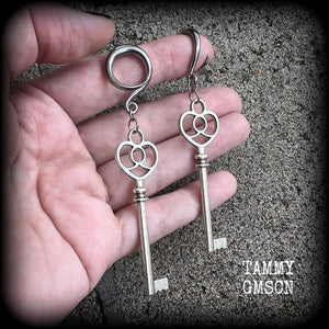 Antique silver key gauged earrings