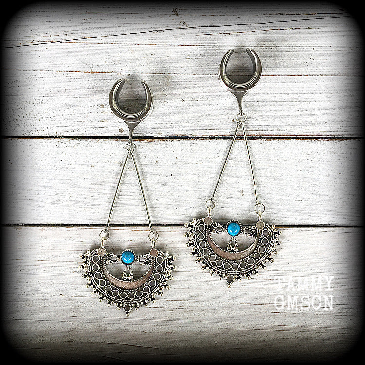 Mandala ear hangers-Turquoise gauged earrings