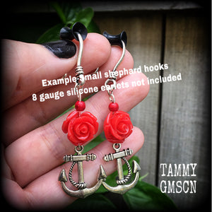 Red rose and silver anchor earrings