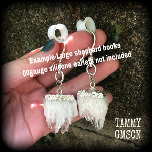 Clear raw quartz ear hangers-Gauged earrings