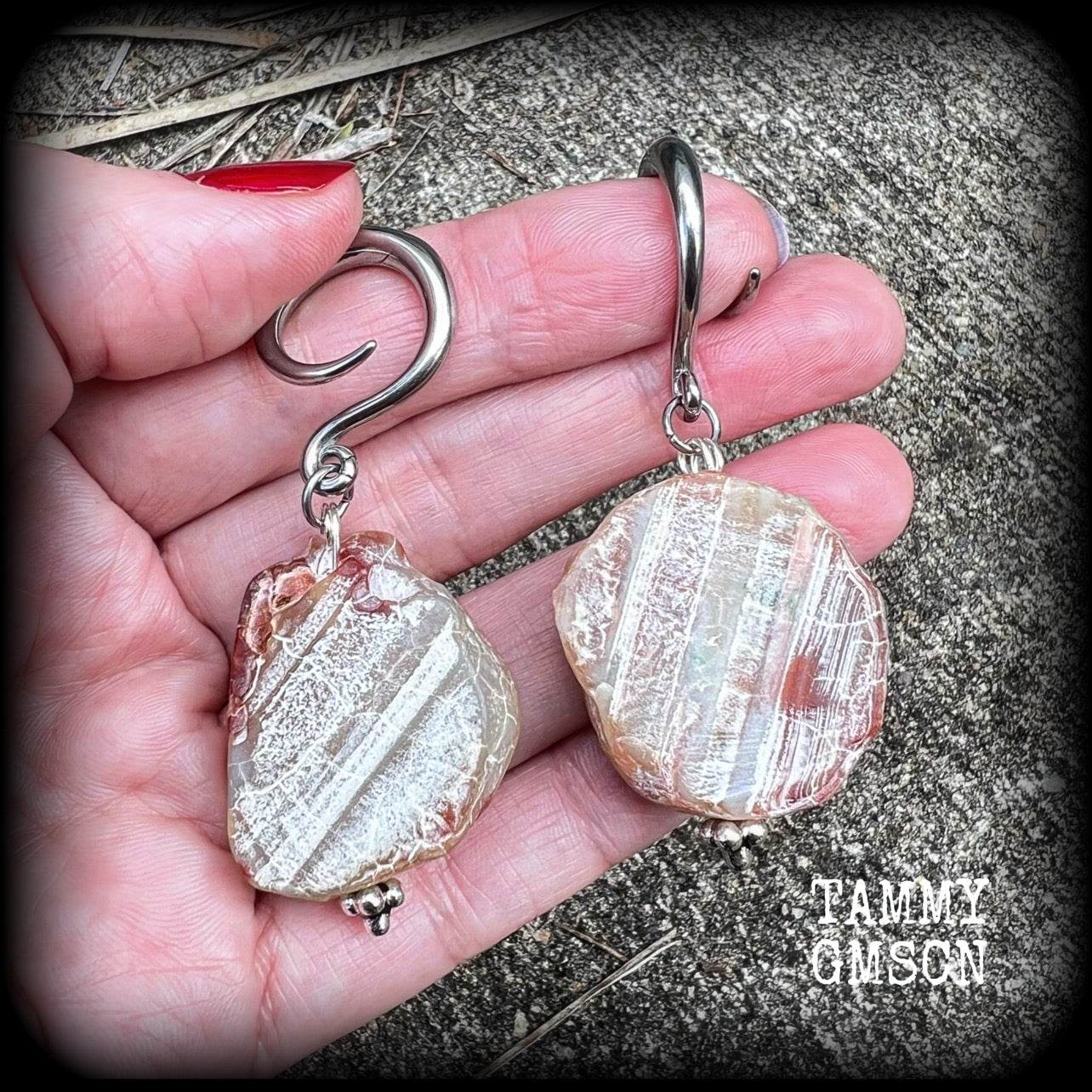 Raw agate slice gauged earrings