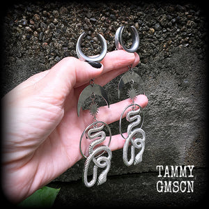 Snake and crescent moon gauged earrings 3/4” ear weights Serpent ear hangers Body jewelry Stretched lobes Stretched ears Gauged earrings Gauged ears Occult earrings Witchy Occult ear hangers Serpent ear weights Snake ear weights Occult jewelry