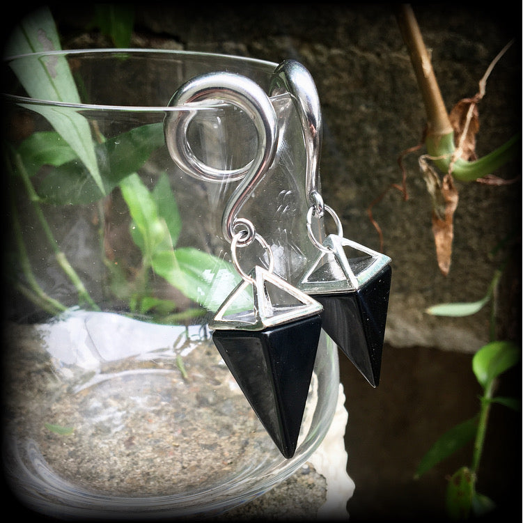 Black obsidian gauged earrings