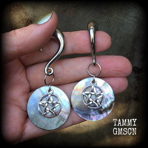 Mother of Pearl and pentagram gauged earrings-Shell earrings