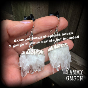 Clear raw quartz ear hangers-Gauged earrings