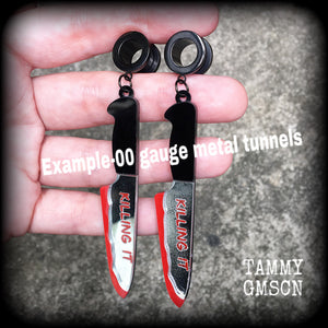 Kitchen knife tunnel earrings Halloween tunnel earrings Real life crime Crime scene clean up True crime 4mm 6mm 8mm 10mm 12mm 14mm 16mm 19mm 22mm 25mm 28mm 30mm Body jewelry Horror movie Slasher movie Gauged earrings Stretched lobes Stretched ears 