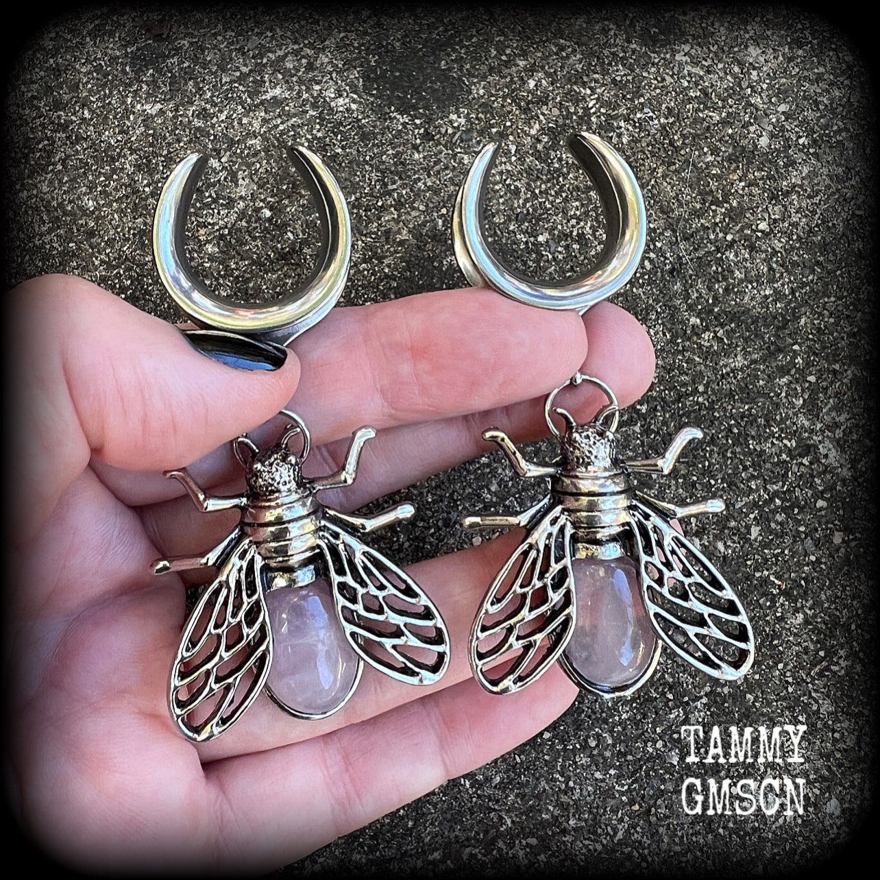 Rose quartz and antique silver insect gauged earrings