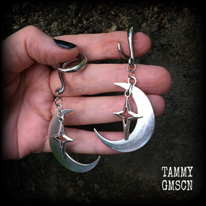 Crescent moon and star gauged earrings-MCM inspired