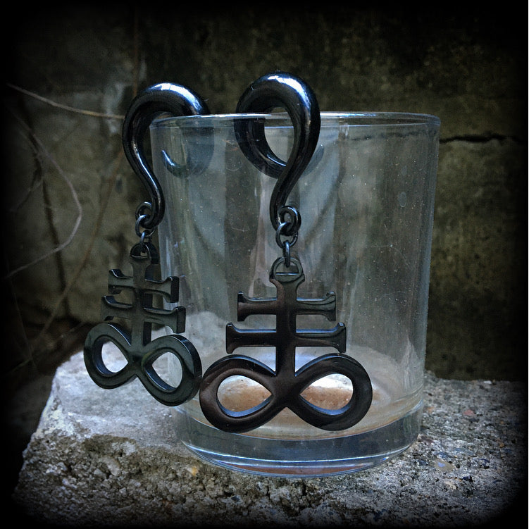 Sigil jewelry Sigil jewellery Brimstone earrings Sigil of Sulphur earrings Ritual jewelry Ritual tools Occult jewelry Occult 00 gauge ear weights Satanic jewelry Satanic ear hangers Dark art Dark magick Black magick Demonology Church of Satan Temple of Set