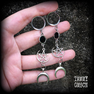 Crescent moon and pentagram tunnel dangles