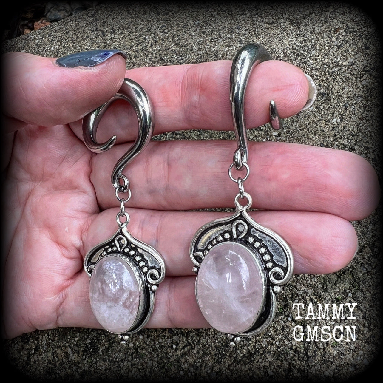 Rose quartz gauged earrings