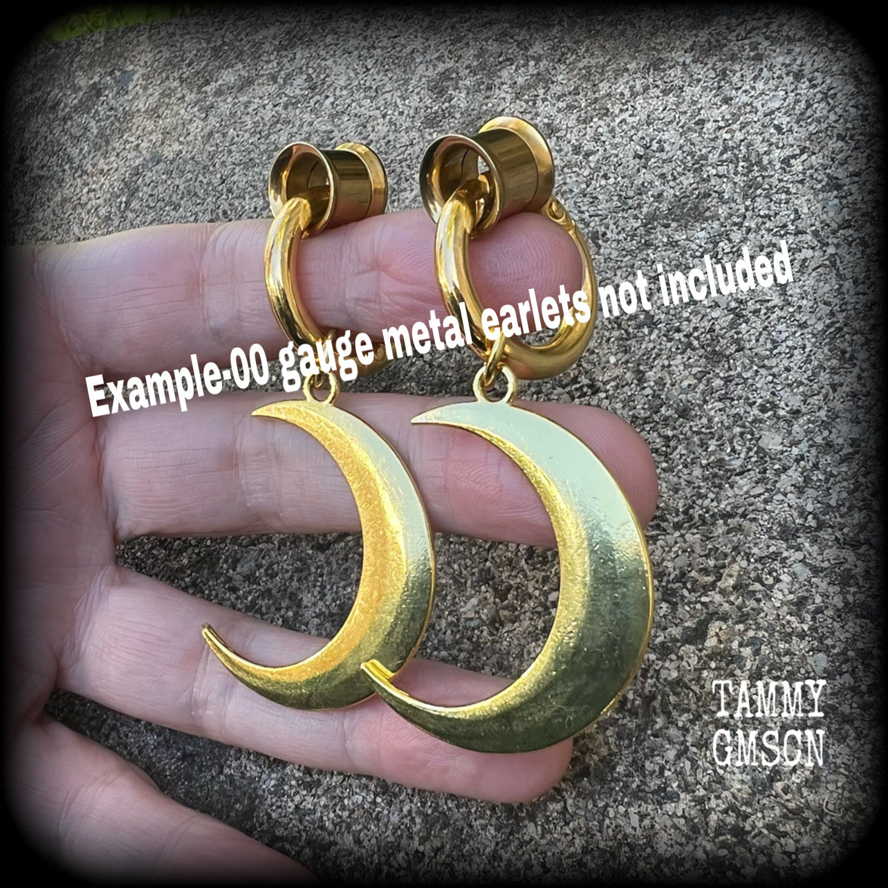 Antique gold crescent moon gauged hoop earrings