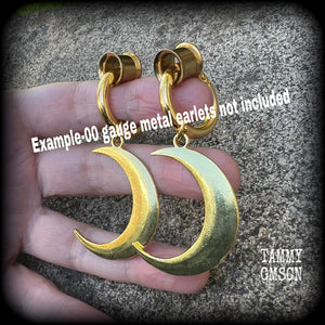 Antique gold crescent moon gauged hoop earrings