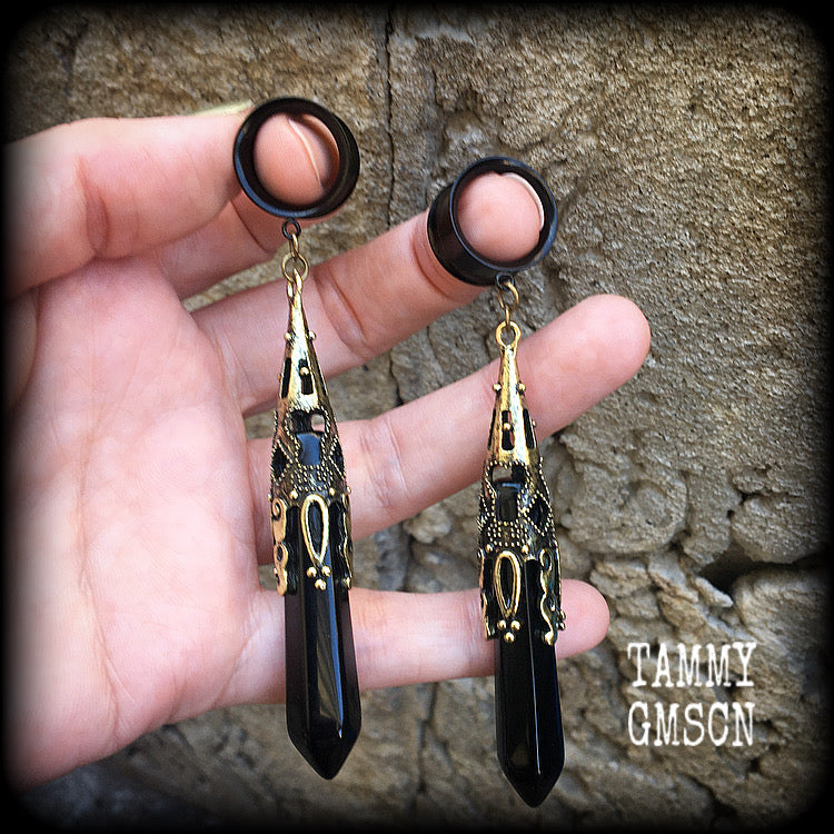 Black obsidian tunnel dangles-Gemstone ear gauges